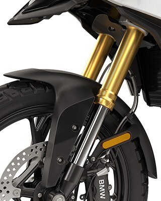 La fourche Upside-Down 43 mm anodisée couleur or de la F 450 GS de BMW Motorrad