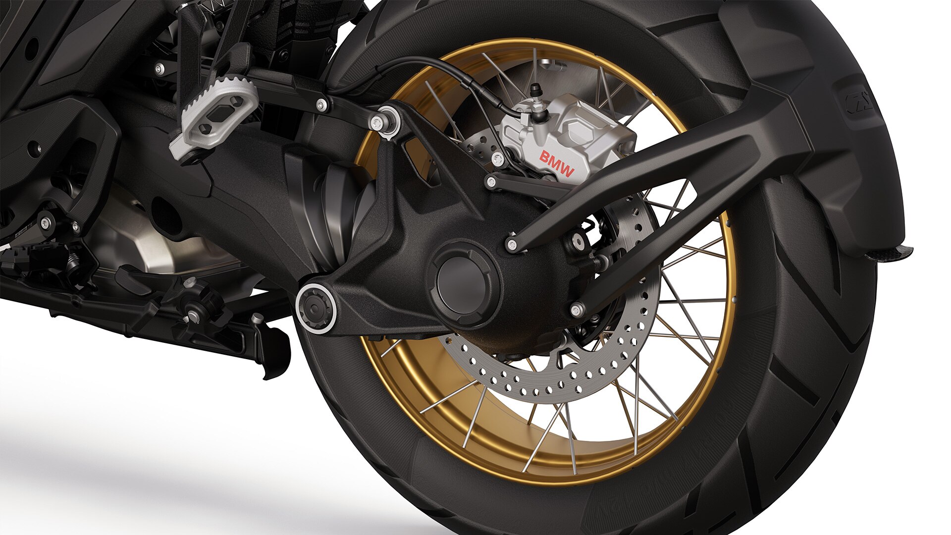 The golden cross-spoked wheels of the R 1300 GS Option 719 Tramuntana