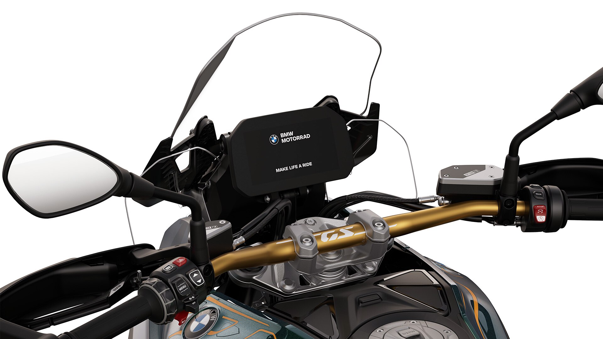 The golden handlebars of the R 1300 GS Option 719 Tramuntana