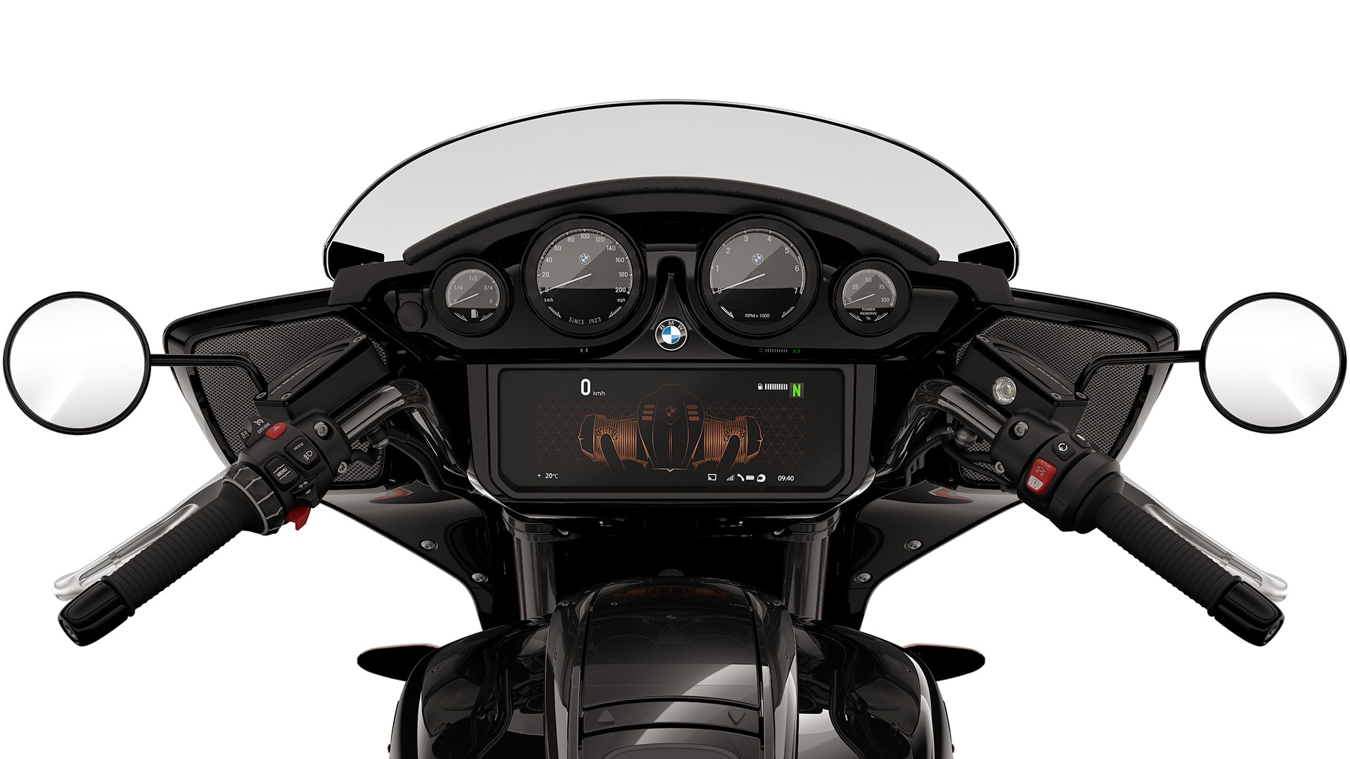Le cockpit montre les cadrans analogiques et l'écran TFT.