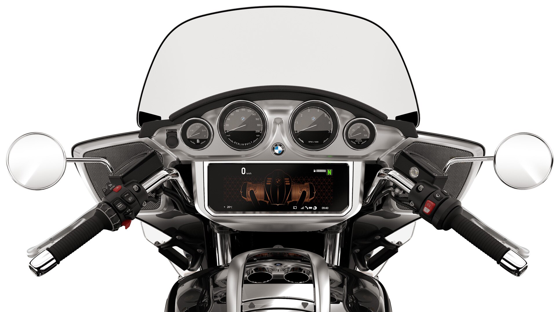 Le cockpit montre les cadrans analogiques et l'écran TFT.